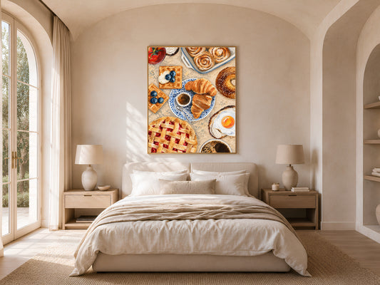 Brunch flat lay wall art above a neutral bedroom bed