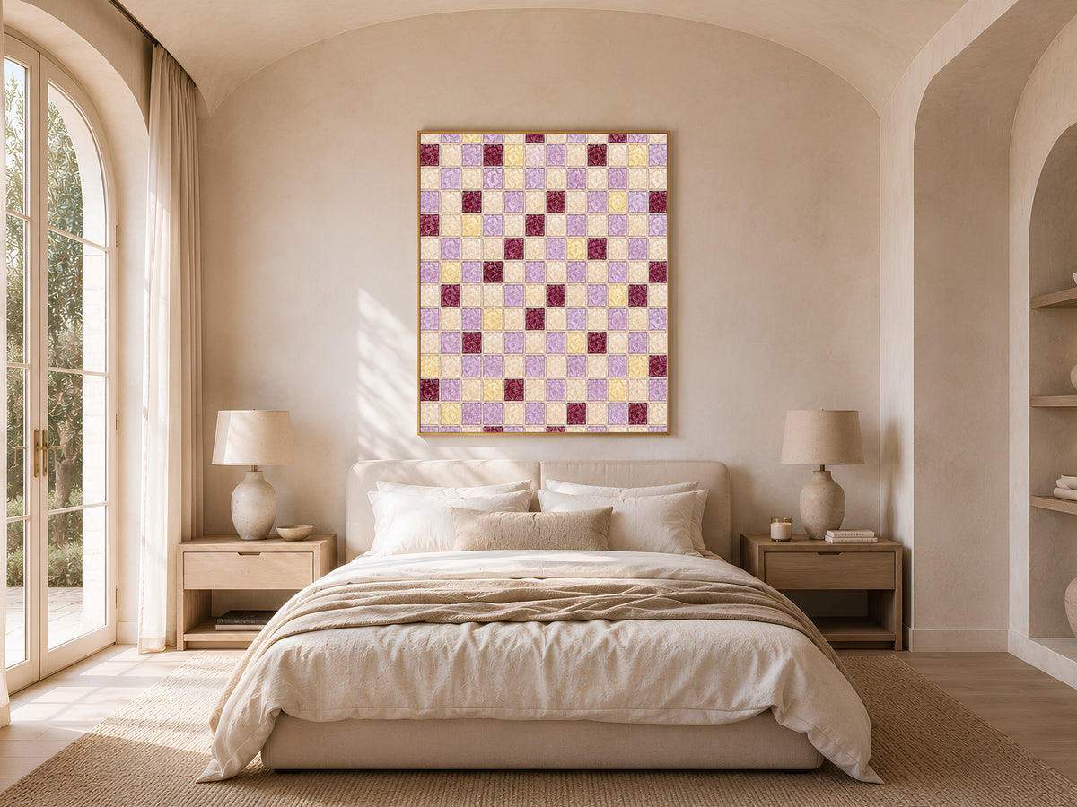 Purple mosaic tile wall art framed above a neutral bed in an arched-doorway bedroom