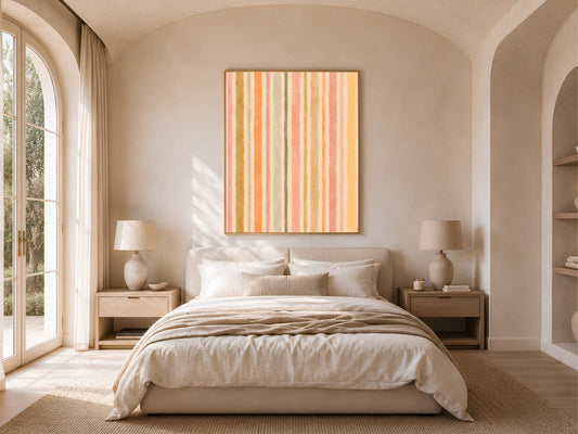 Pastel stripe wall art above a neutral arched bedroom bed