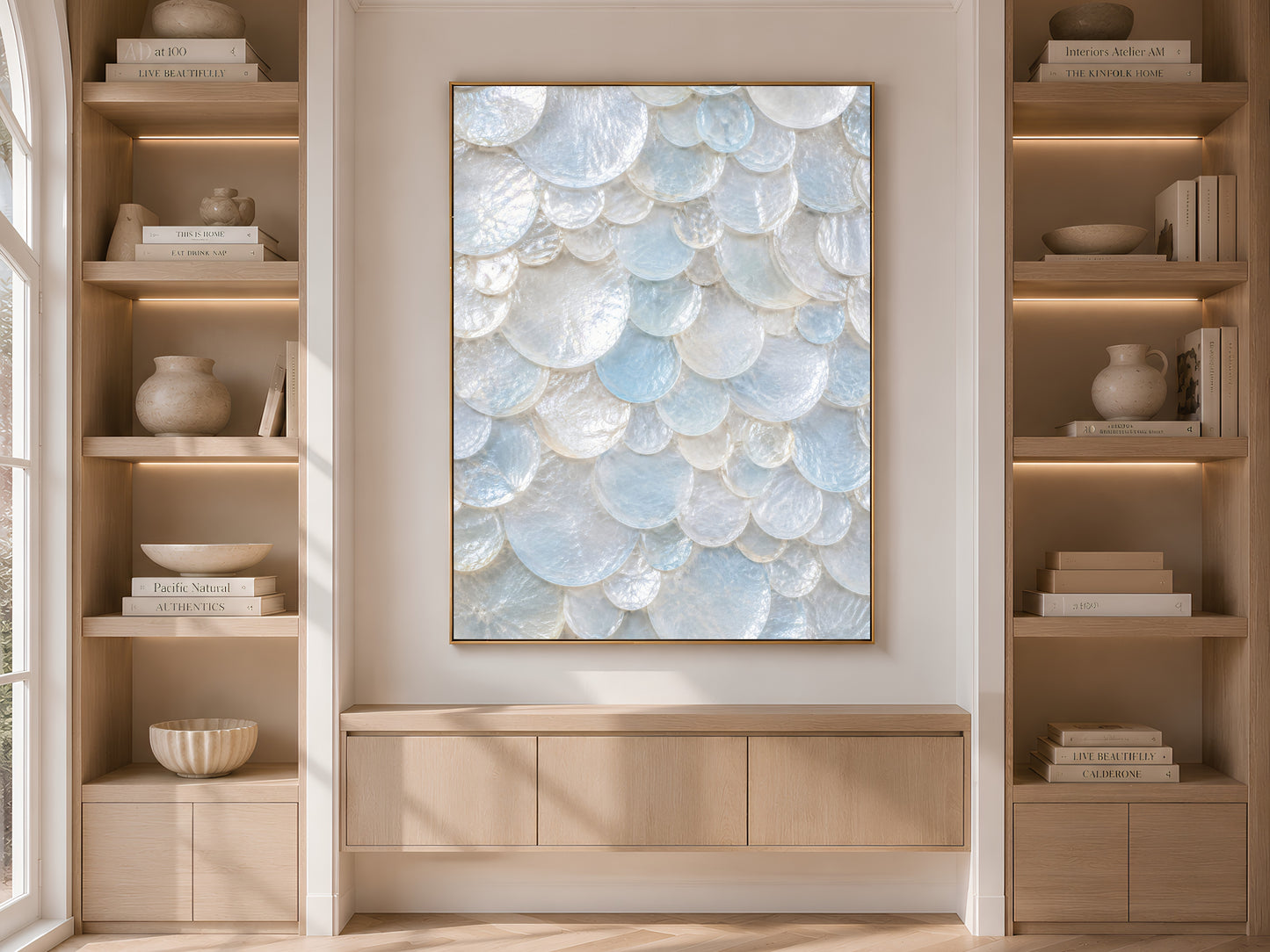 Framed sea glass shell print displayed in a built-in bookshelf niche between styled shelves and a wood cabinet.