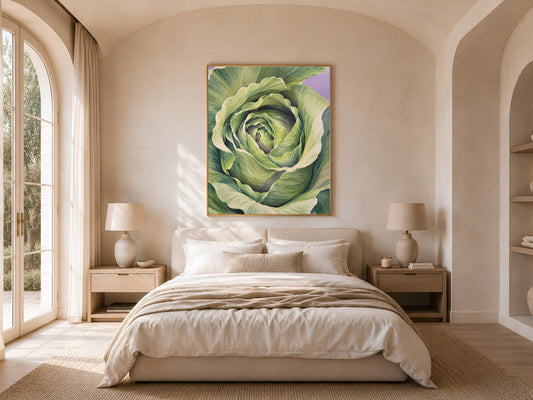 Cabbage wall art framed print above bed in neutral bedroom