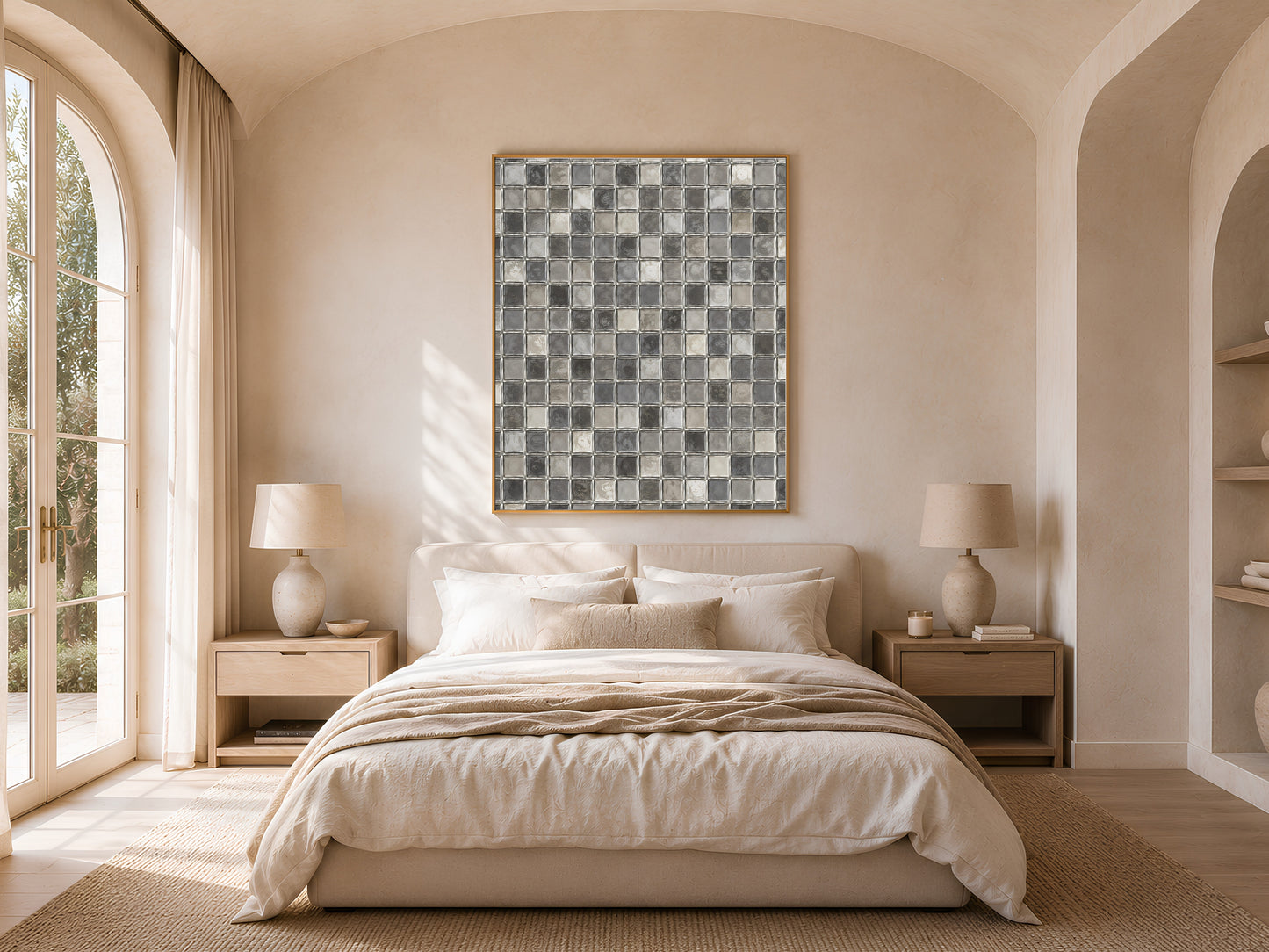 Grey mosaic wall art framed above a bed in a warm neutral bedroom with arched window and natural light
