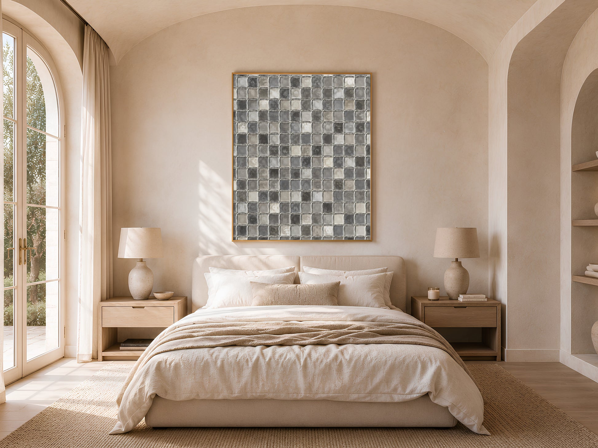 Grey mosaic wall art framed above a bed in a warm neutral bedroom with arched window and natural light
