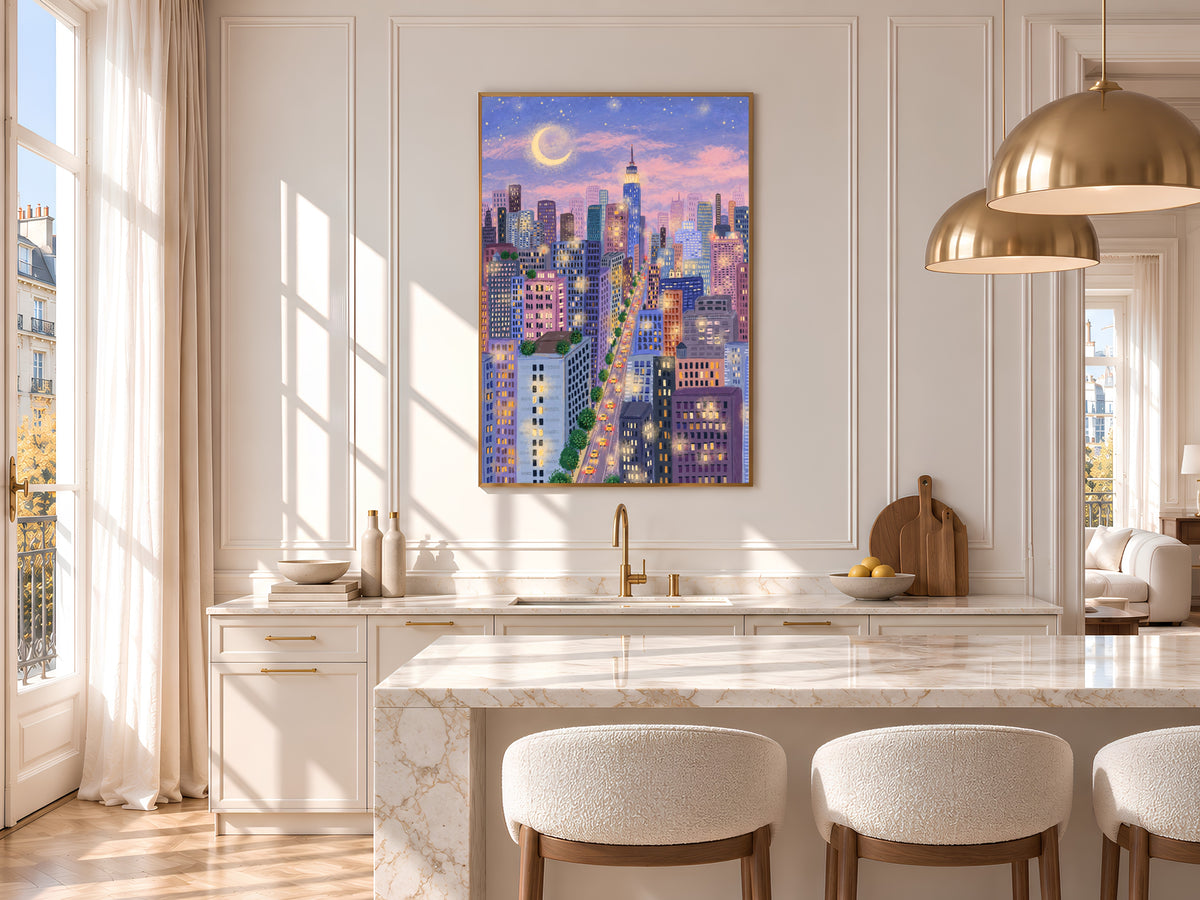 New York City at Night Print, Purple and Pink NYC Skyline Illustration with Moon and Yellow Taxis, Whimsical City Decor, Digital Download