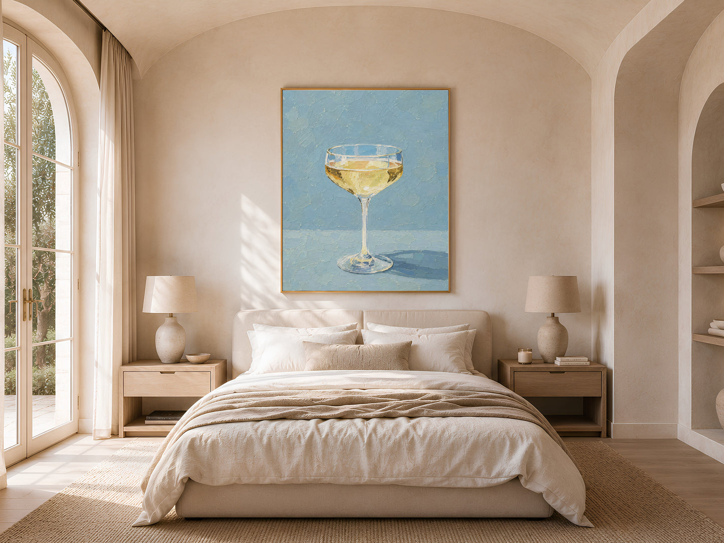 Champagne coupe print in gold frame above a bed in a warm neutral bedroom
