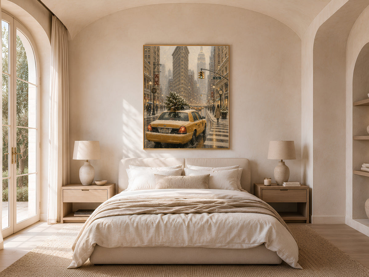 Flatiron Building NYC wall art framed print displayed above bed in warm neutral bedroom