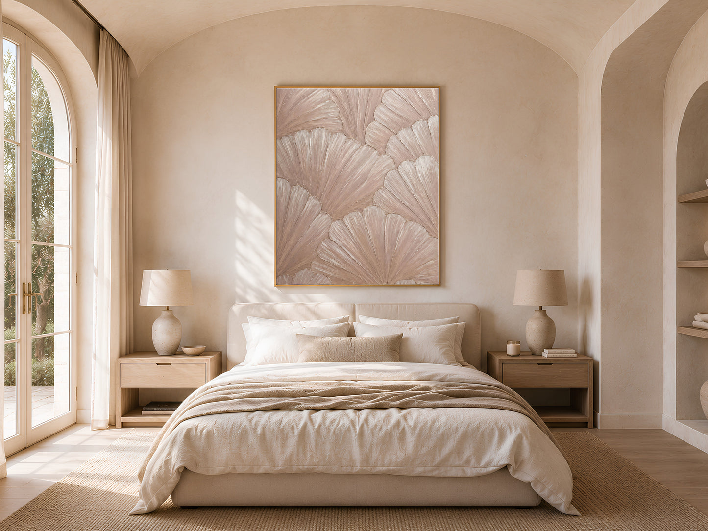 Dusty rose mosaic print framed above a bed in a warm neutral bedroom with arched windows

