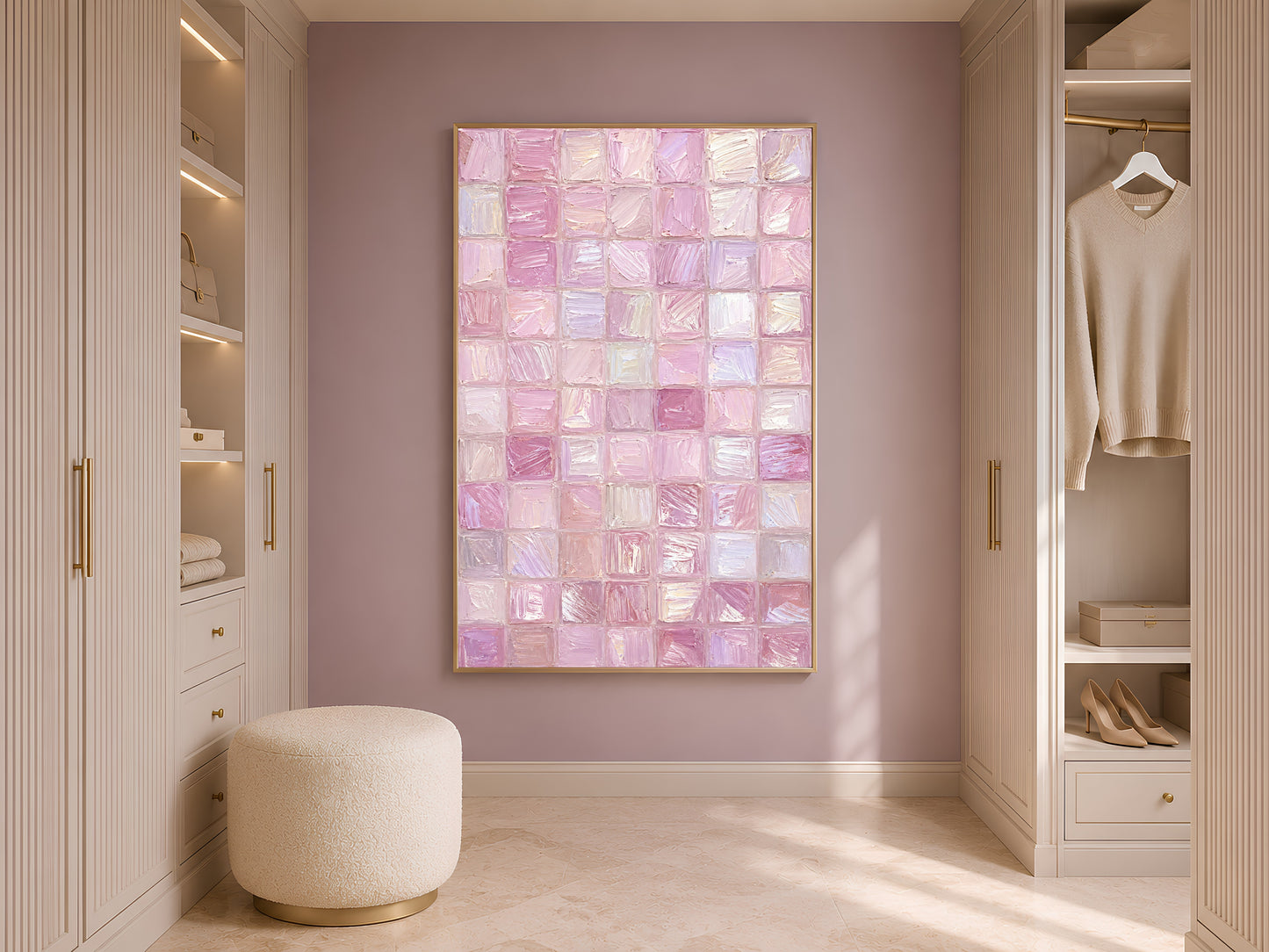 Pink impasto mosaic tile wall art in gold frame in styled dressing room with wardrobe and cream ottoman
