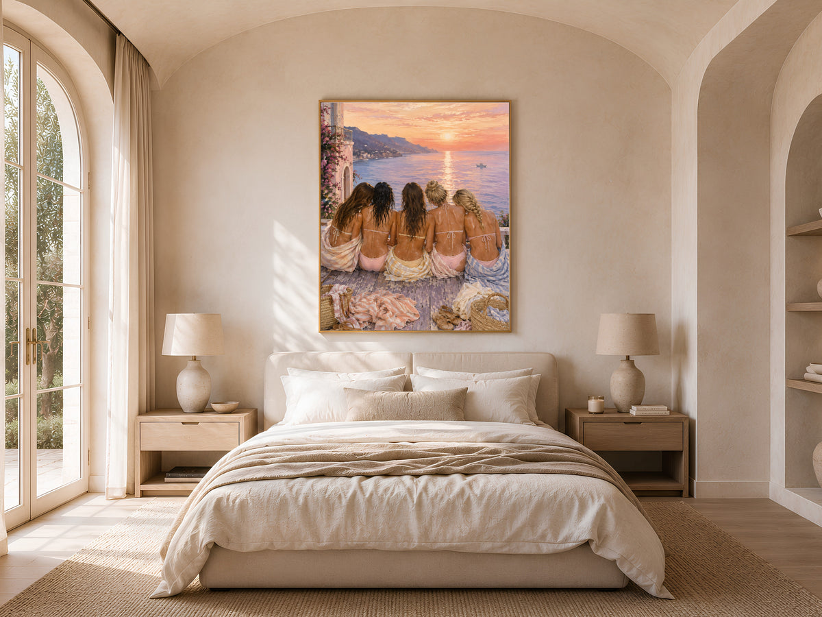 Amalfi Coast girls trip print framed above a bed in an arched-window bedroom