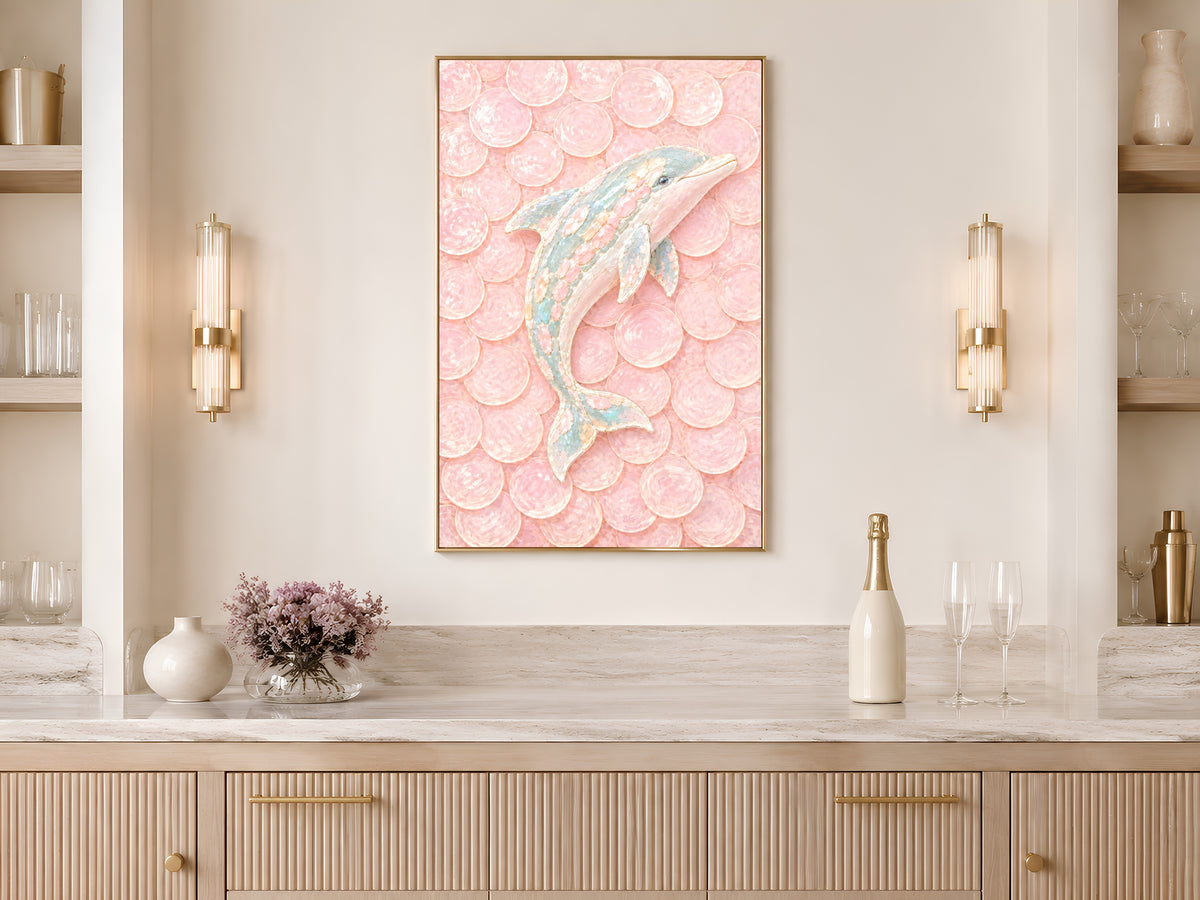 Pink Dolphin Mosaic Wall Art, Pastel Capiz Shell Print - Digital Download