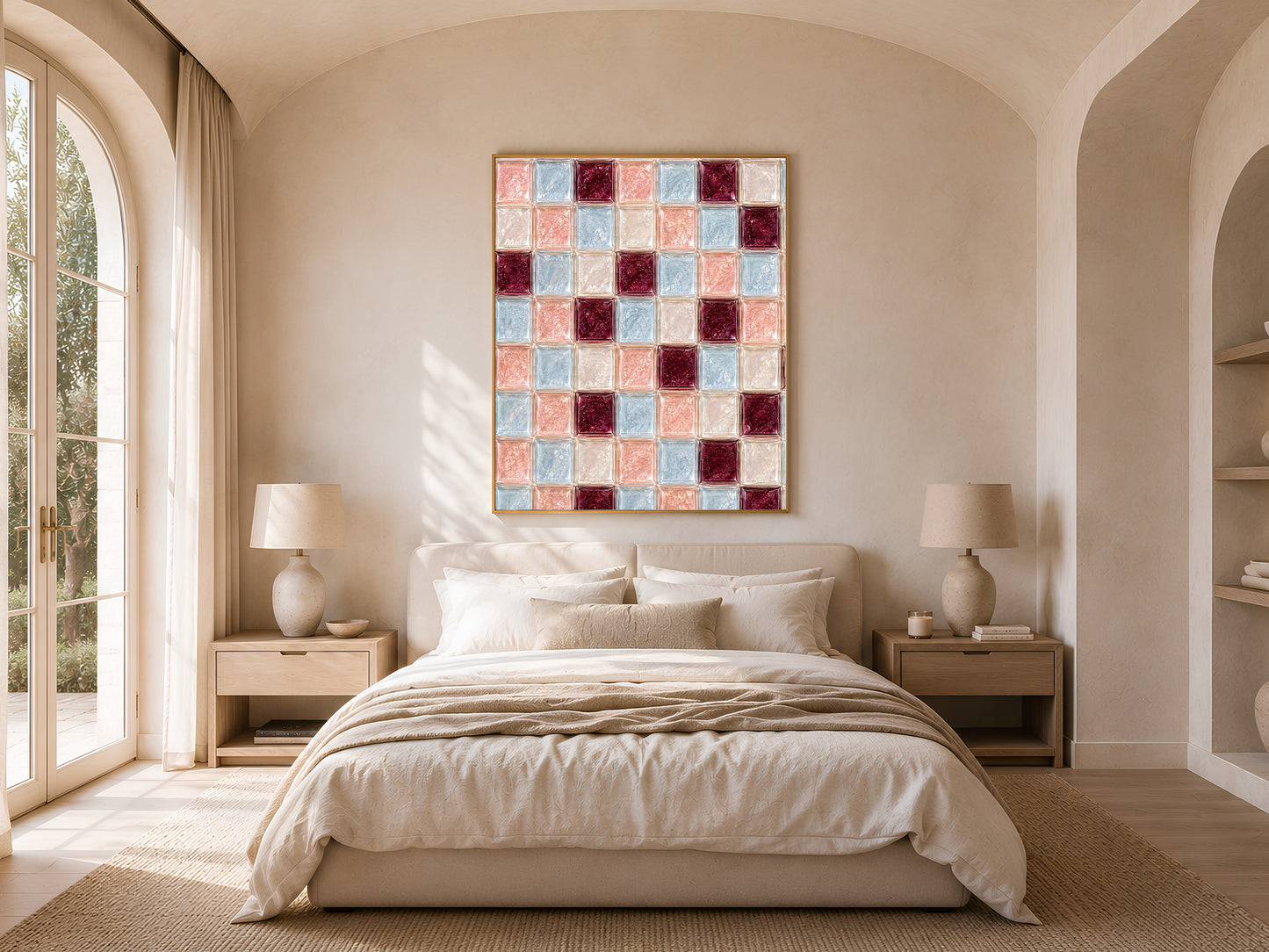 Powder blue and blush tile art framed above a bed in a sunlit bedroom