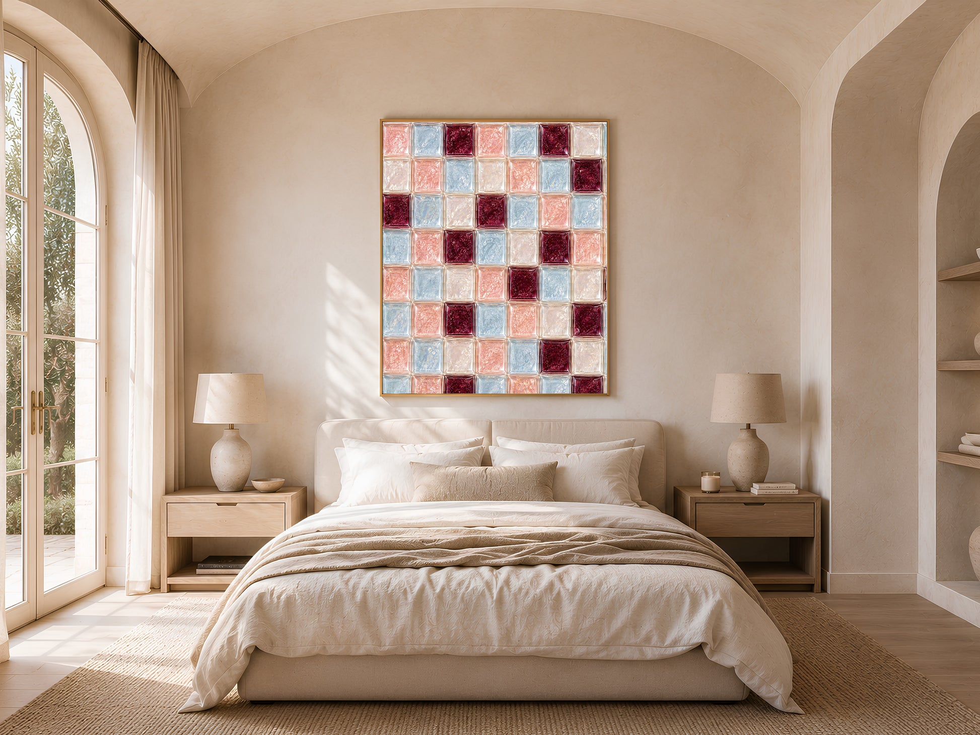 Powder blue and blush tile art framed above a bed in a sunlit bedroom