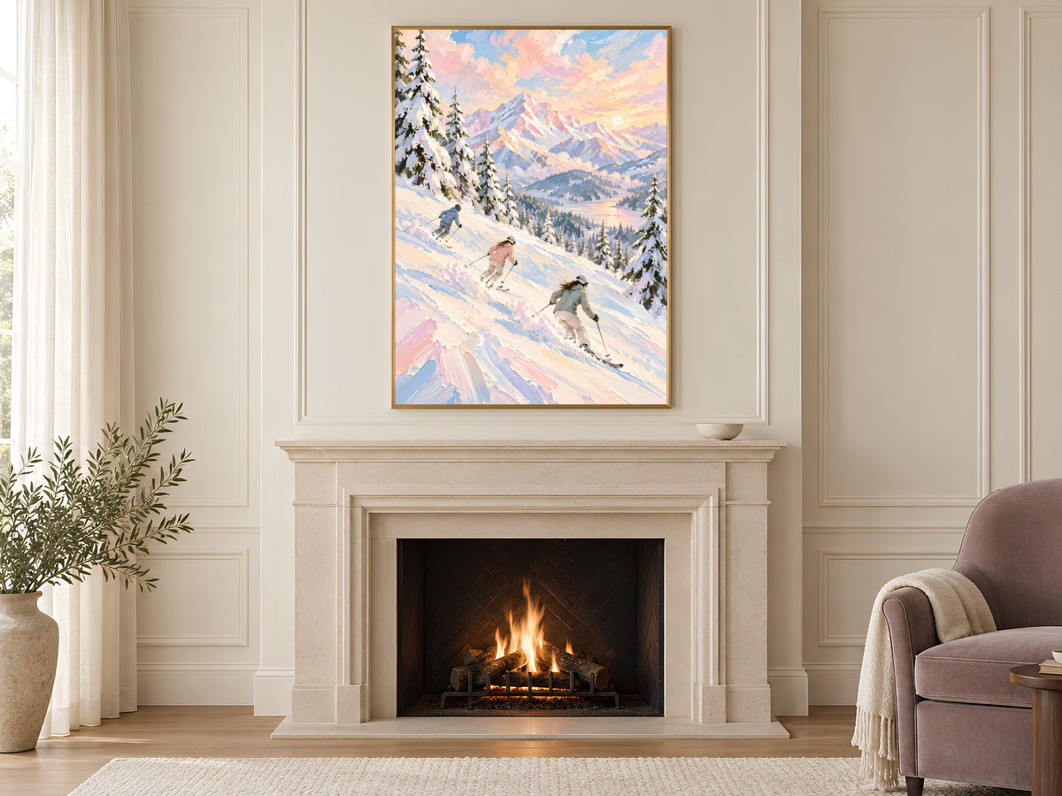 Ski Mountain Wall Art, Impasto Oil Painting Print - Digital Download