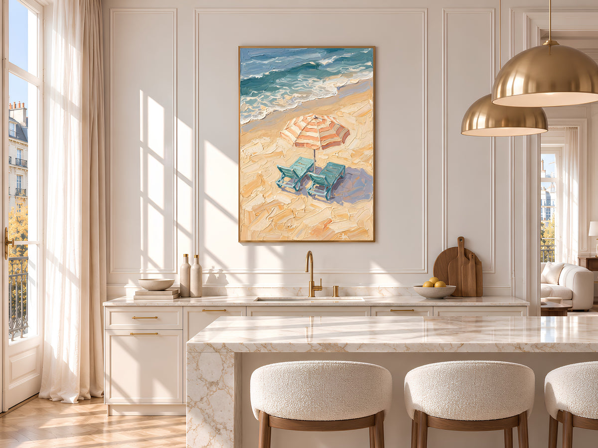 Beach Umbrella Painting Print, Striped Parasol Seaside Art, Textured Coastal Wall Art, Printable Digital Download