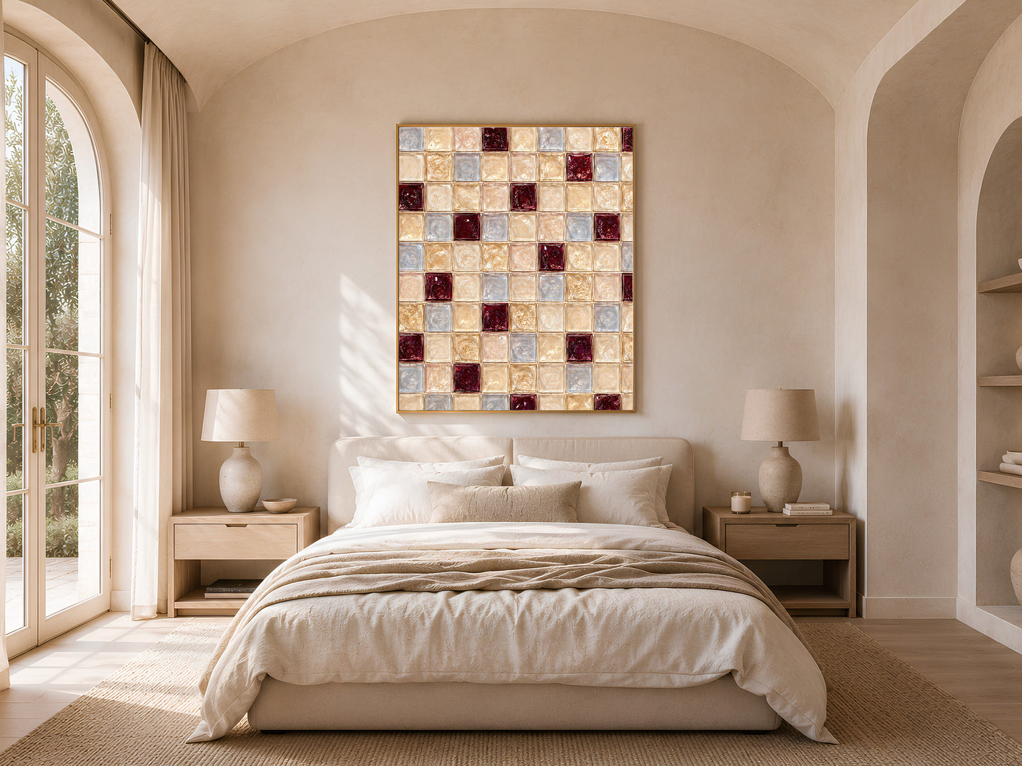 Burgundy and cream tile art framed above a bed in a sunlit arched bedroom