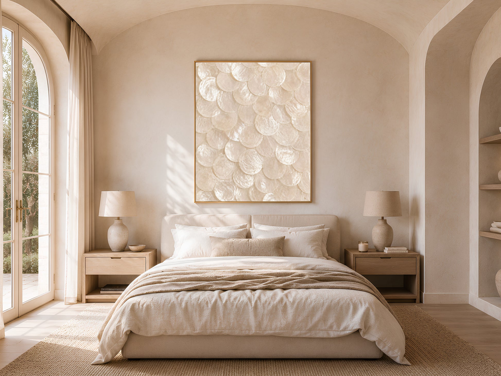 Capiz shell wall art in a gold frame above a bed in an arched-window bedroom with warm neutral linens
