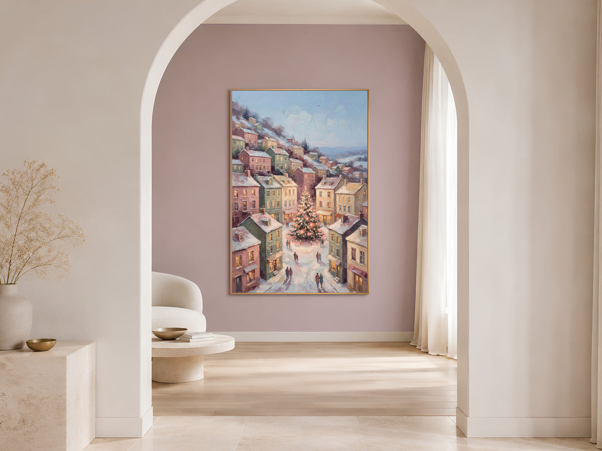 Scandinavian Christmas Wall Art, Pastel Town Square Print - Digital Download