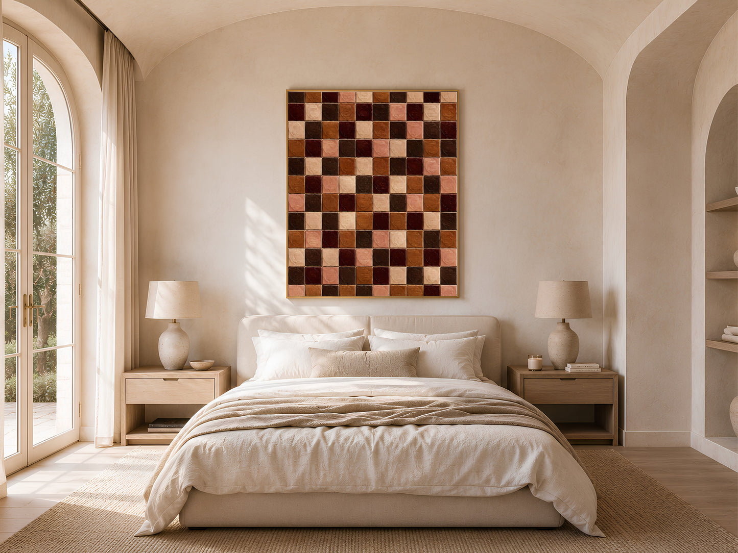 Terracotta and chocolate tile art framed above a bed in a sunlit arched bedroom
