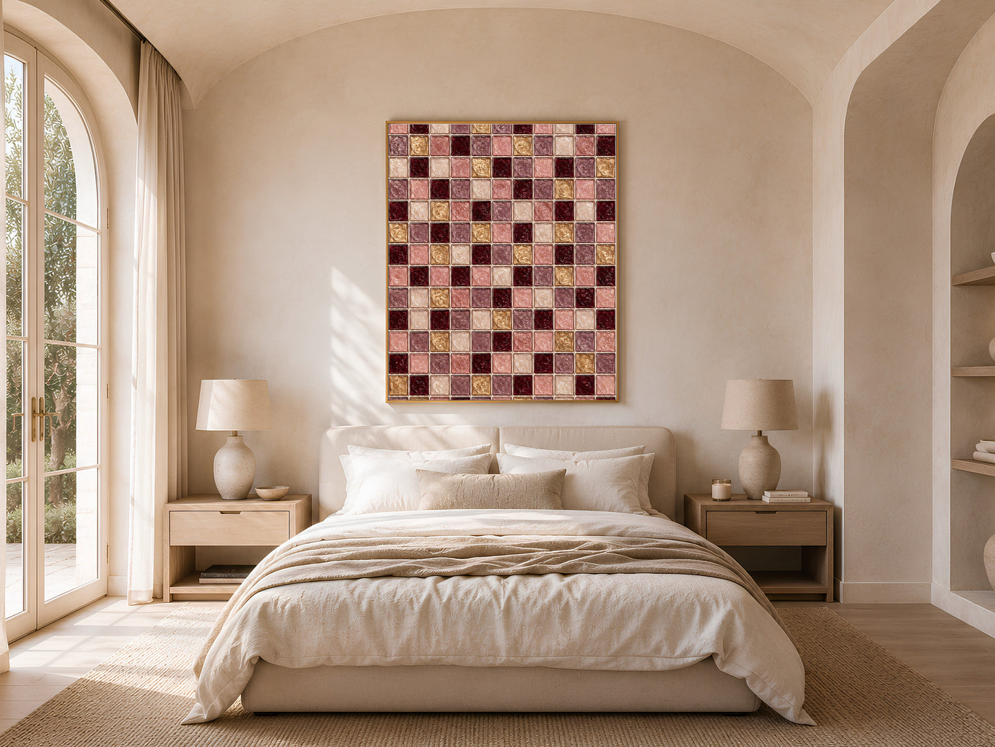 Burgundy gold mosaic wall art print framed above a bed in a light-filled arched bedroom