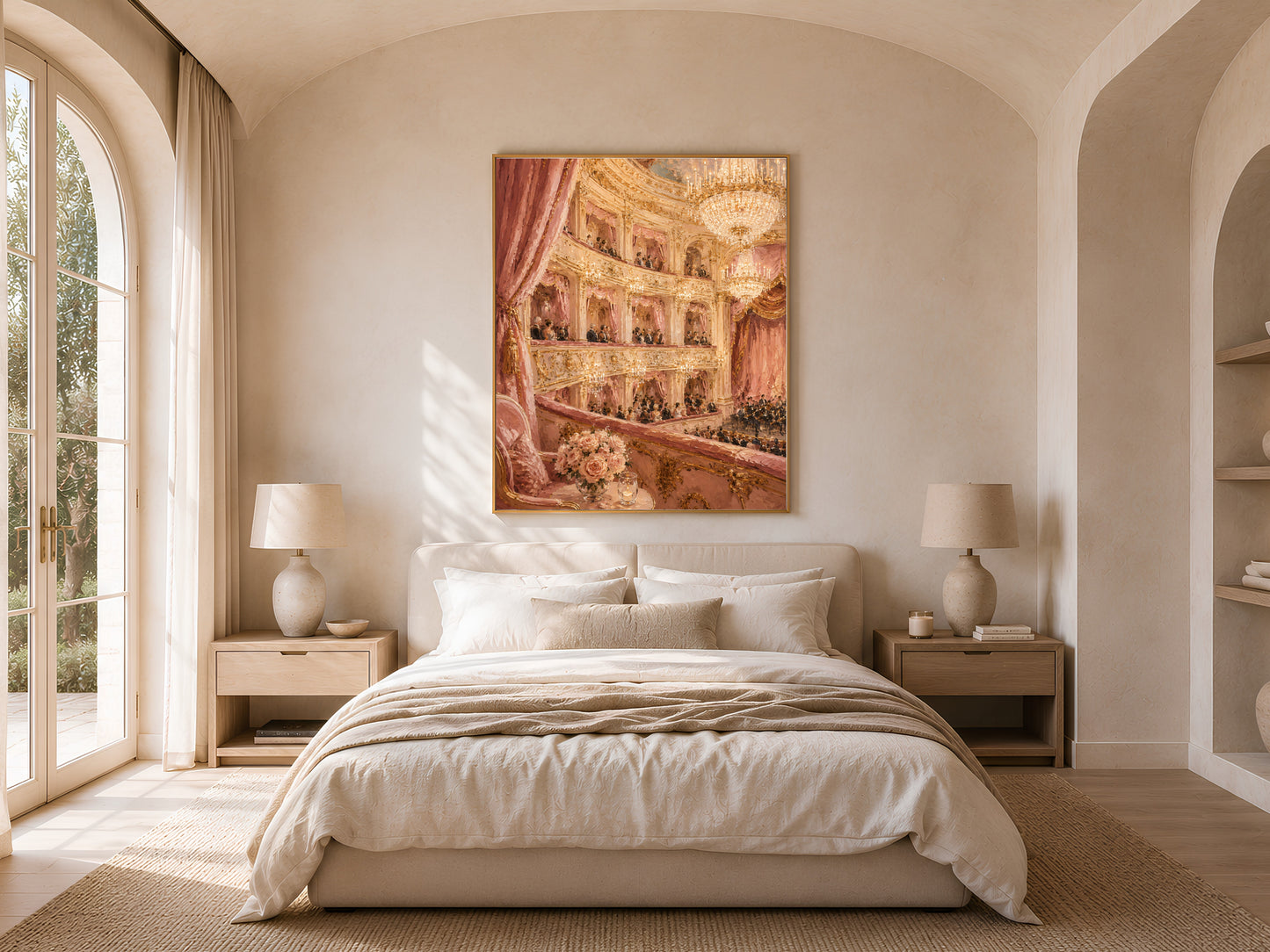 Opera house painting print above bed, romantic maximalist bedroom decor mockup