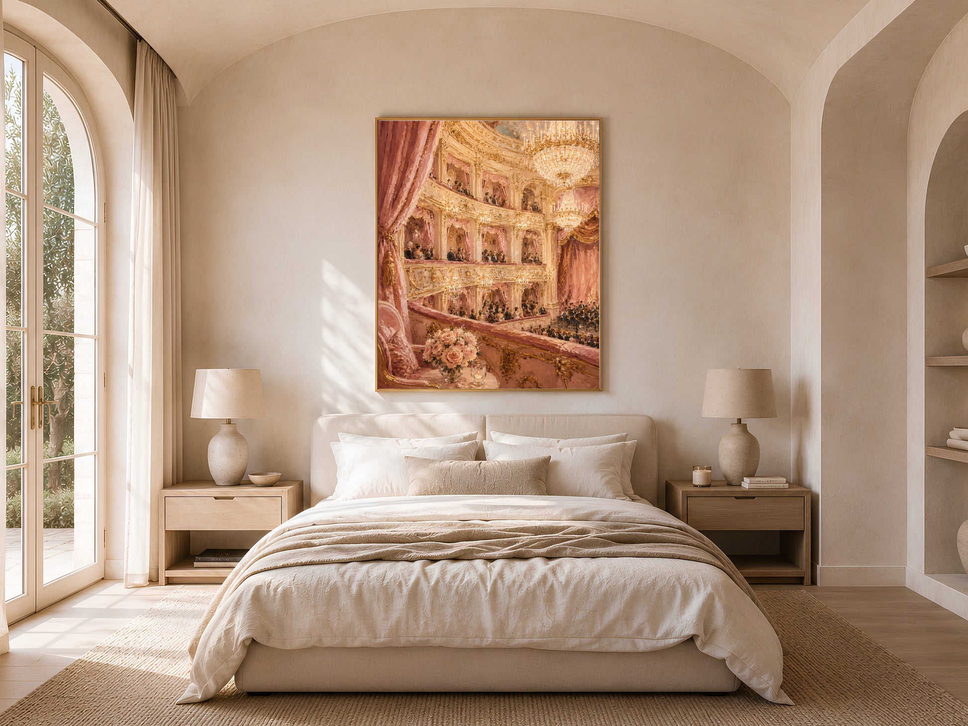 Opera house painting print above bed, romantic maximalist bedroom decor mockup