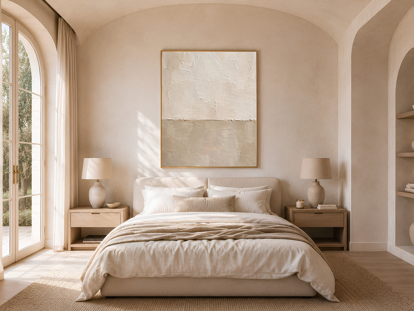 Wabi sabi wall art framed above a bed in a warm neutral bedroom with arched windows and natural light
