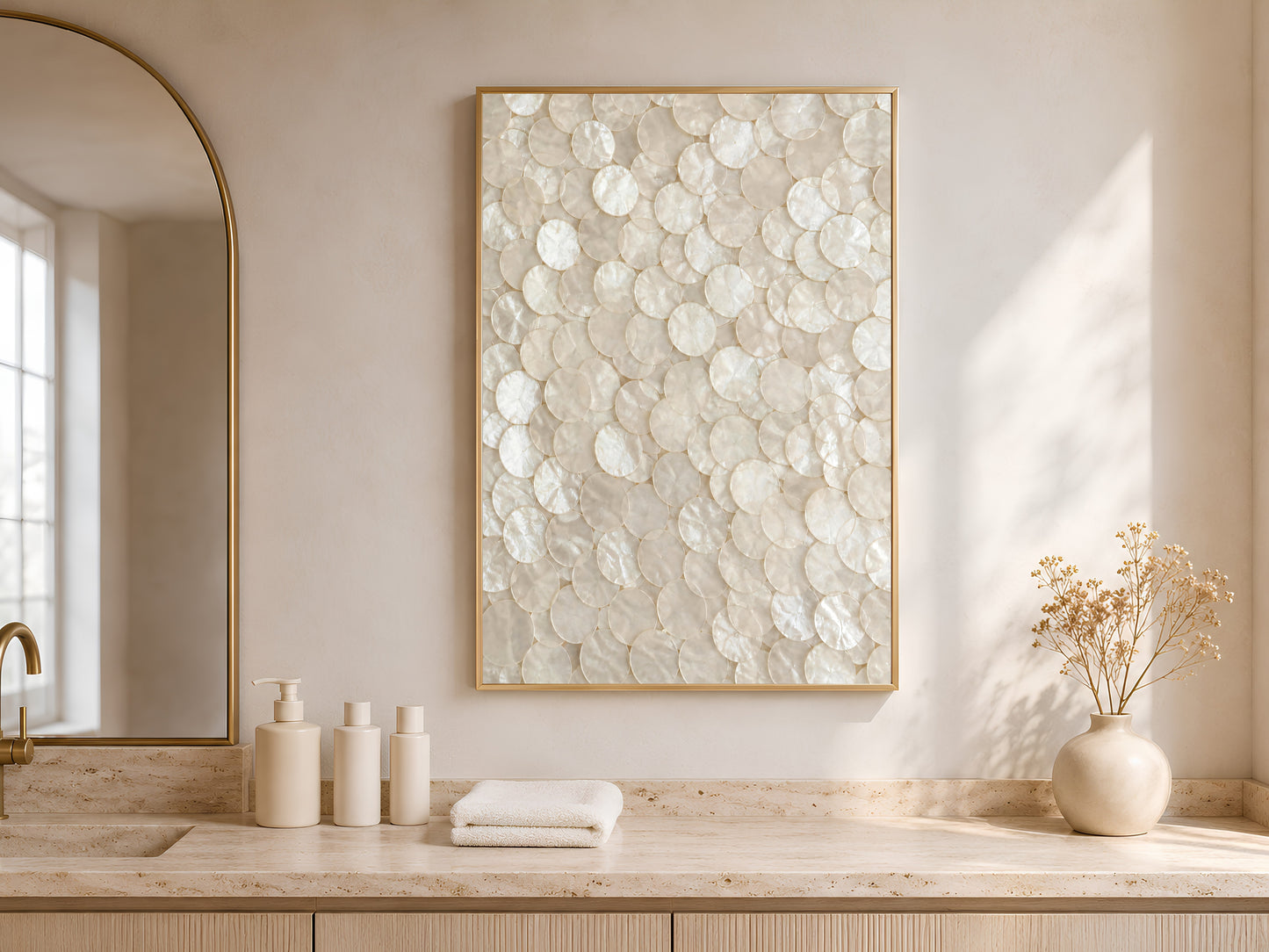 Capiz shell mosaic art framed above a bathroom counter with natural light
