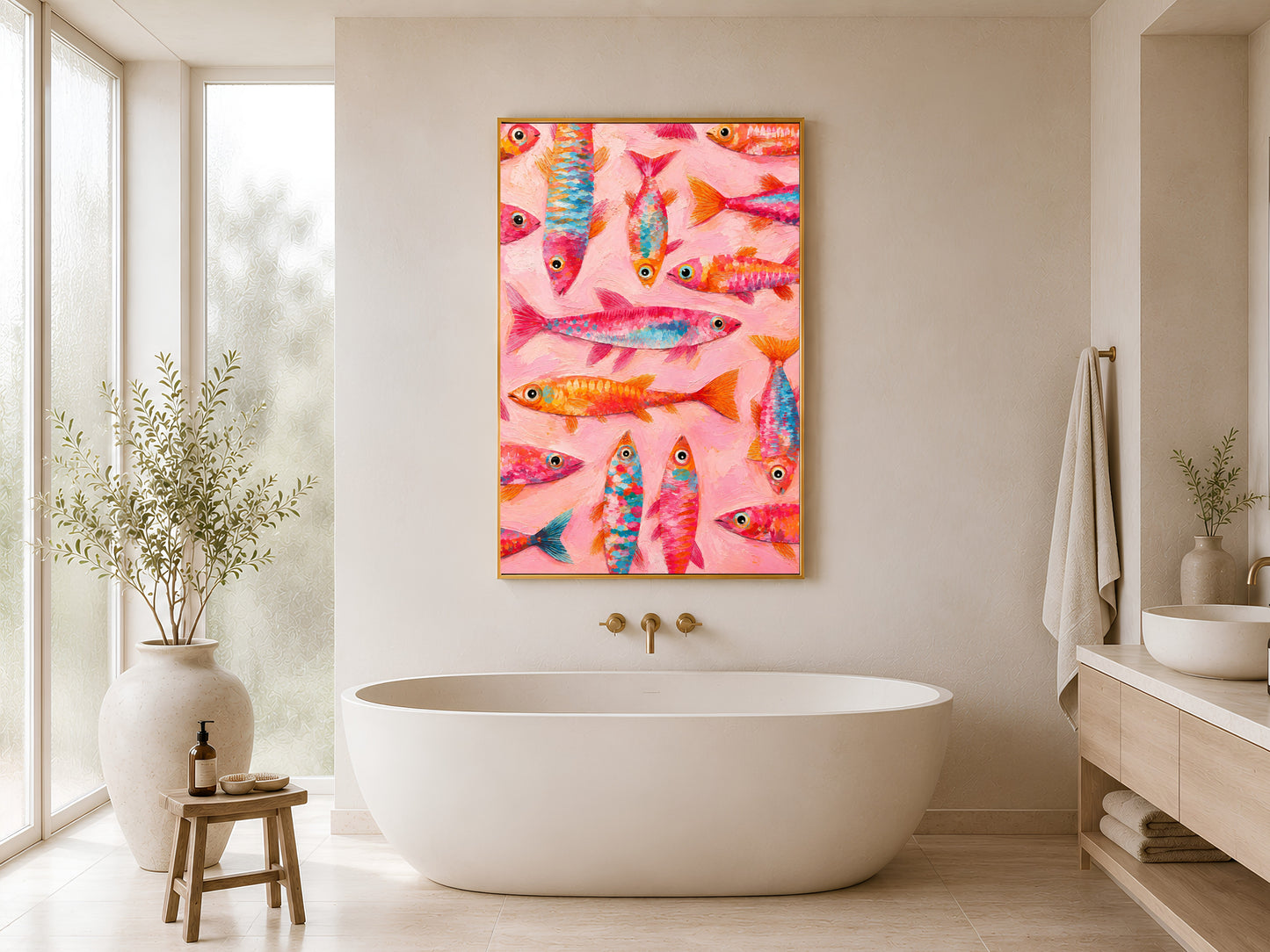 Playful pink fish wall art printable displayed above a freestanding bathtub in a luxury spa-inspired neutral bathroom interior.
