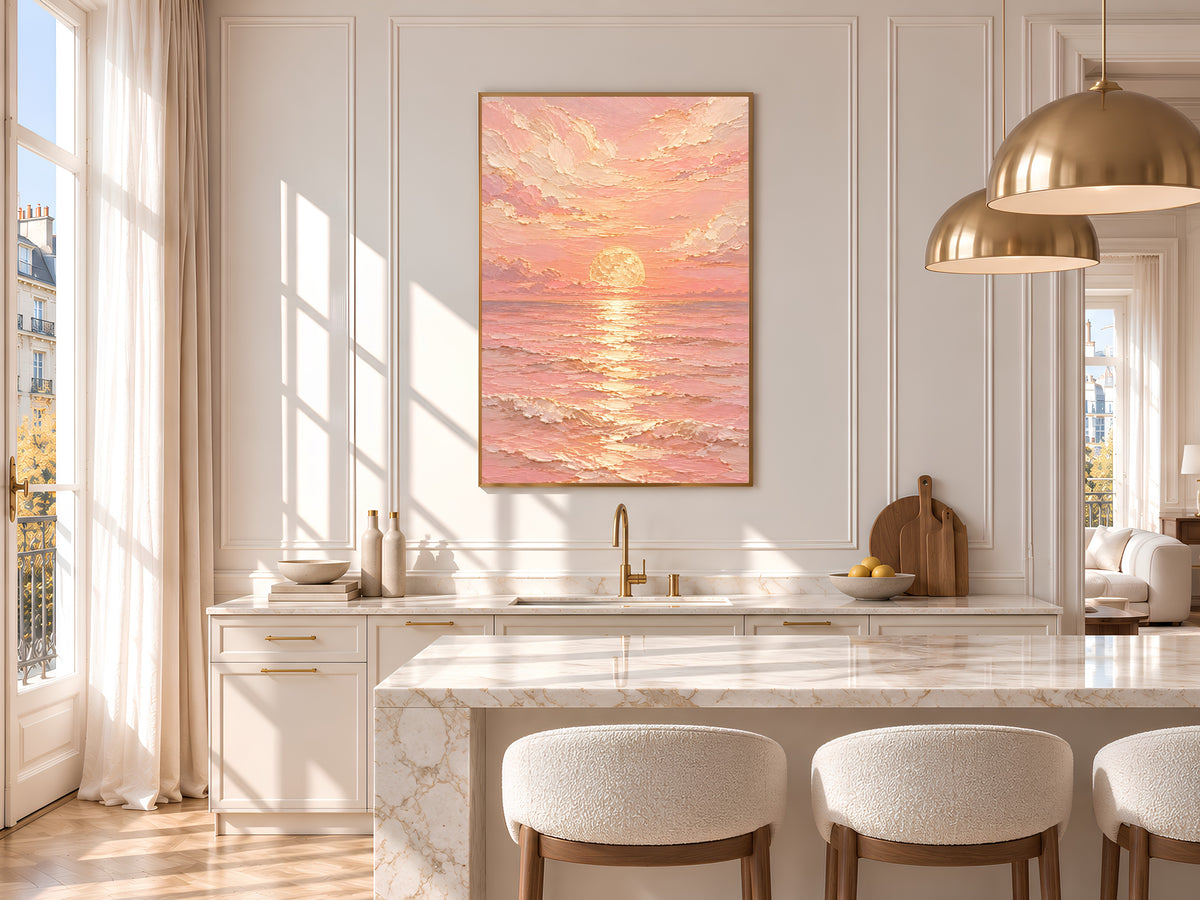 Pink Ocean Sunset Painting Print, Pastel Seascape Wall Art, Textured Coastal Art, Printable Digital Download