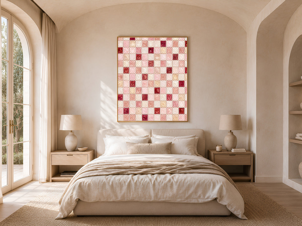 Dusty rose mosaic wall art framed above a bed in an arched-window bedroom with warm light