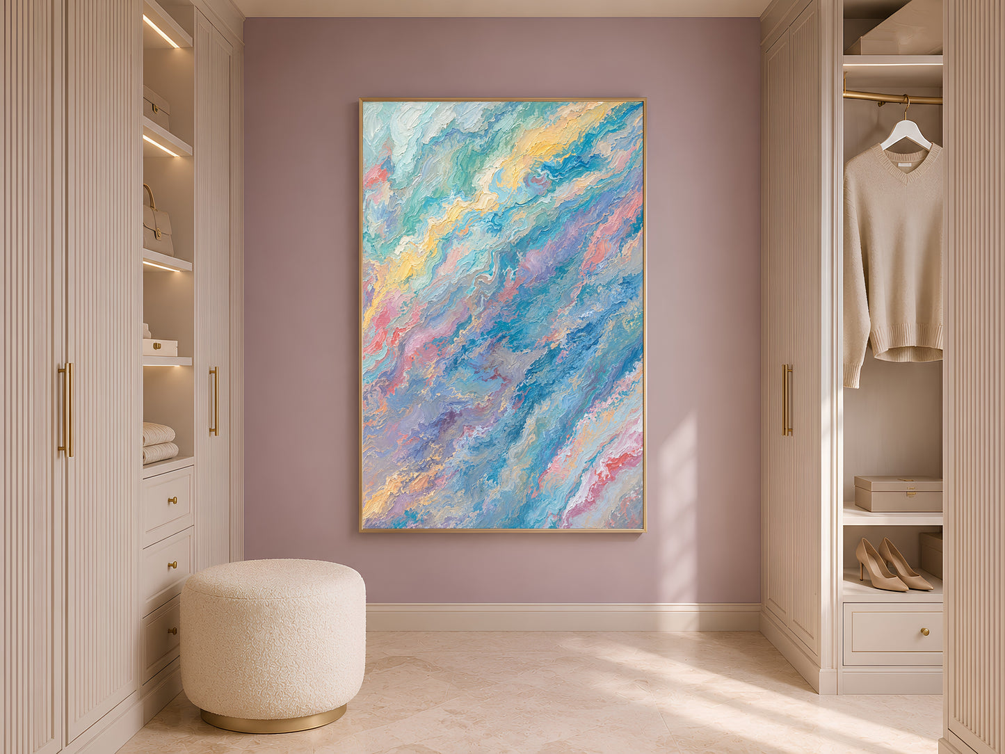 Pastel teal pink abstract swirl print in gold frame in styled dressing room with wardrobe and cream ottoman
