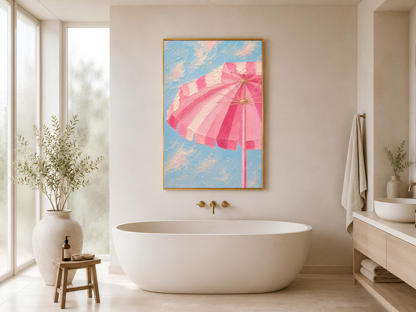 Framed pink beach umbrella impasto print in a minimal cream bathroom beside a freestanding bathtub, wood stool and bright window
