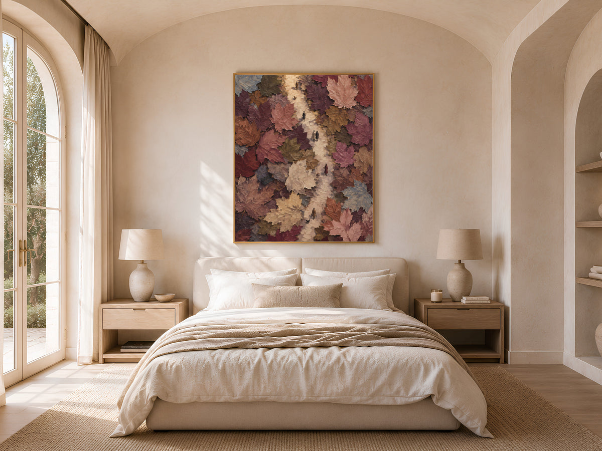 Surreal maple leaf path wall art framed above bed in warm neutral arched bedroom decor