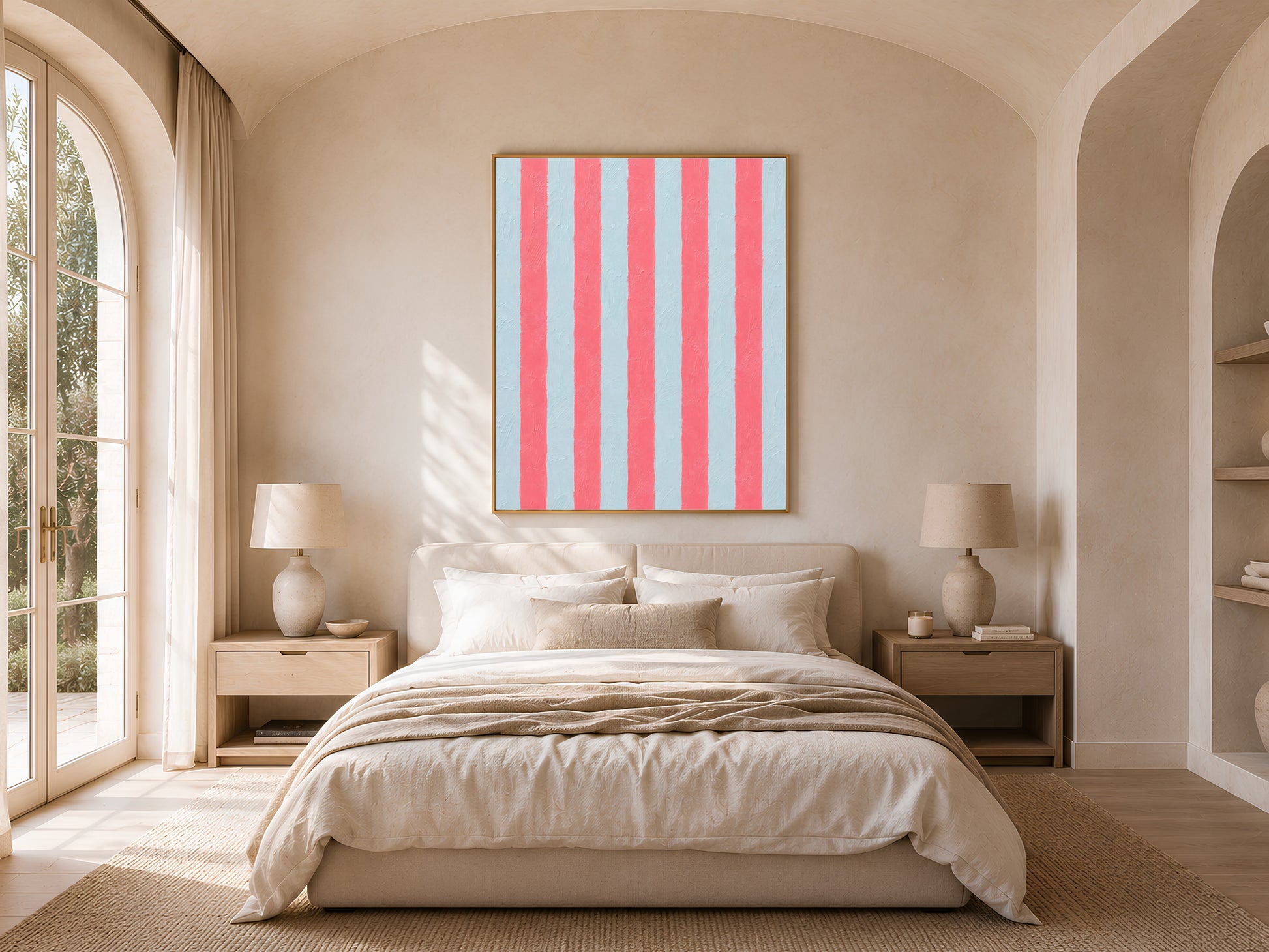 Framed pink blue stripe print above the bed in a neutral arched bedroom