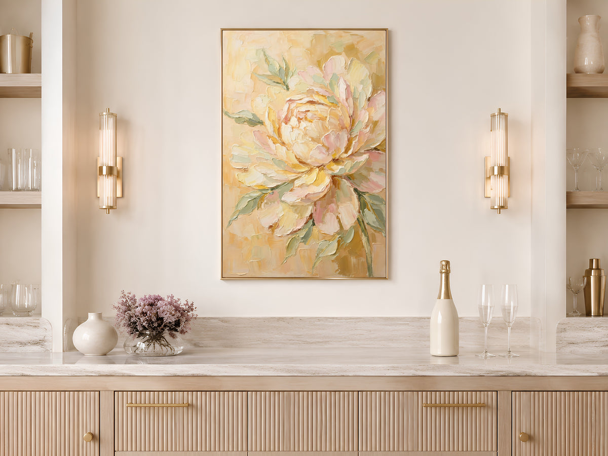 Butter Yellow Peony Wall Art, Blush Pink Impasto Floral Print - Digital Download