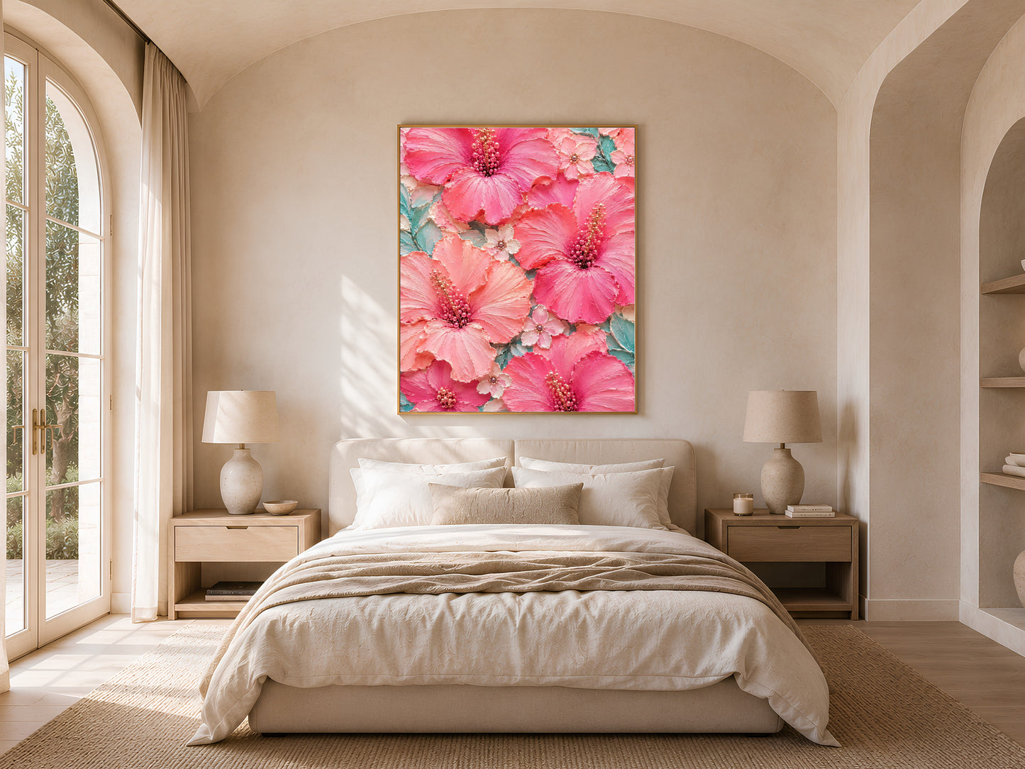 Pink hibiscus wall art framed in a bedroom with arched alcove and neutral bedding
