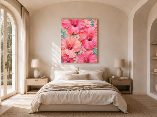 Pink hibiscus wall art framed in a bedroom with arched alcove and neutral bedding
