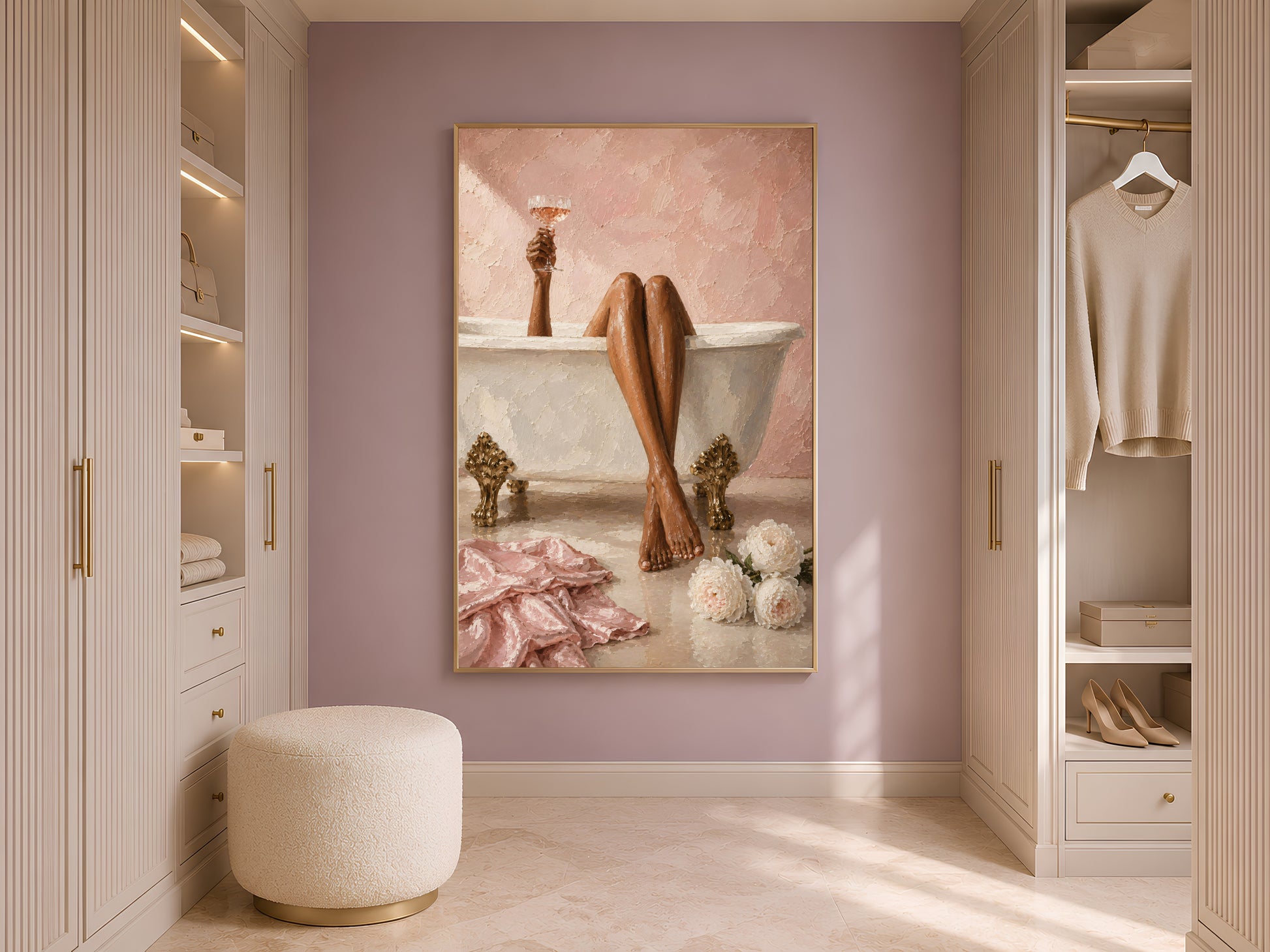 Framed peony bathroom wall art displayed in a soft lilac walk-in closet with a round cream ottoman, hanging garments, and warm natural light