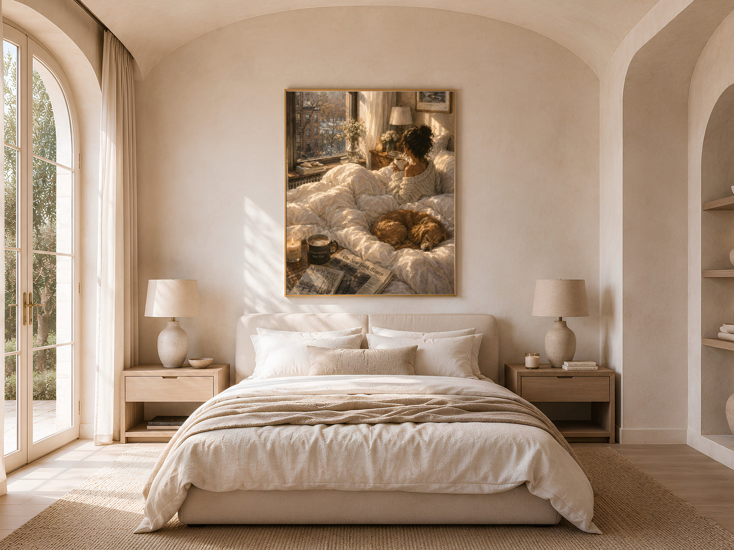 Framed Central Park watercolor illustration print above a neutral bedroom headboard with bedside lamps