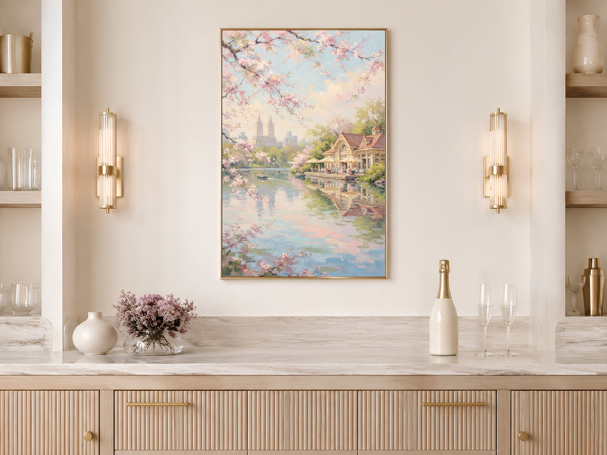 Central Park Cherry Blossom Wall Art, Boathouse Oil Painting Print - Digital Download