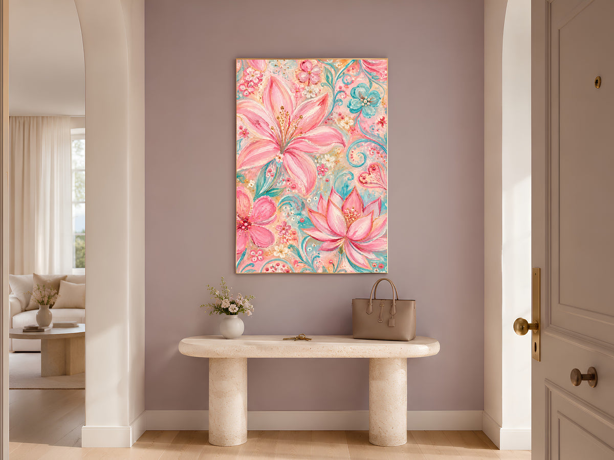 Pink Floral Wall Art, Pastel Lily and Lotus Painting, Pink and Teal Impasto Style Flower Print, Printable Digital Download