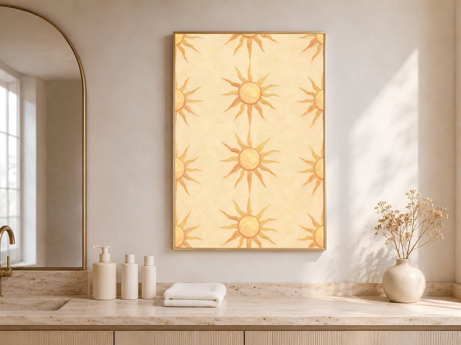 Butter yellow sun motif print framed above a bathroom counter with natural light
