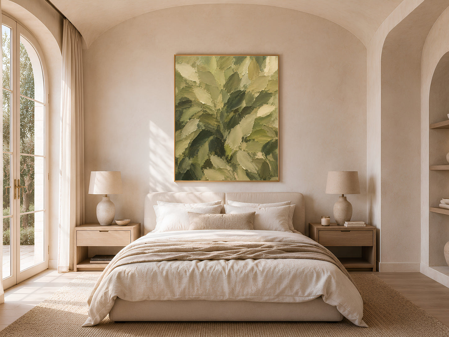 Olive green leaf wall art print framed above a bed in a light-filled arched bedroom