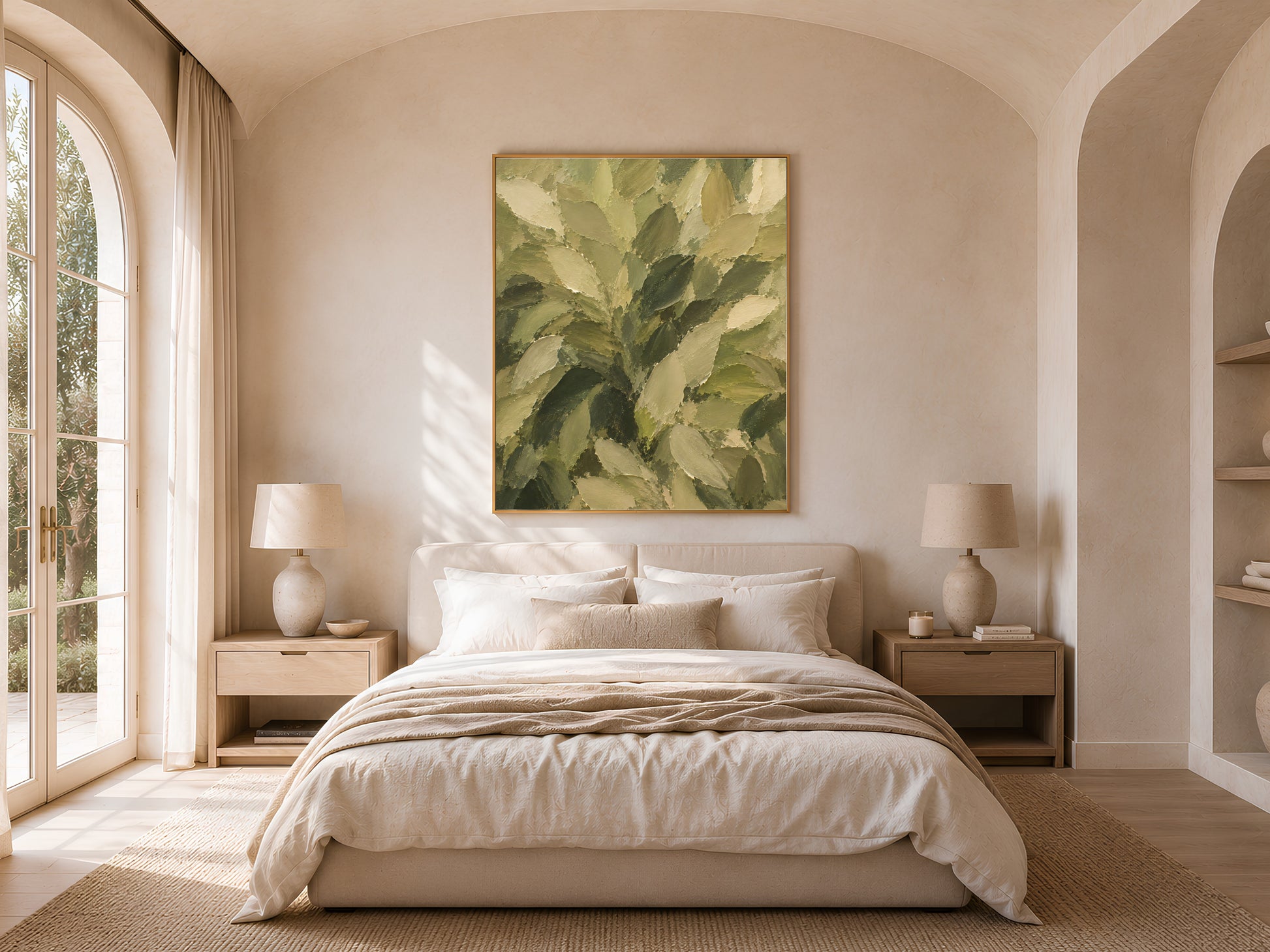 Olive green leaf wall art print framed above a bed in a light-filled arched bedroom