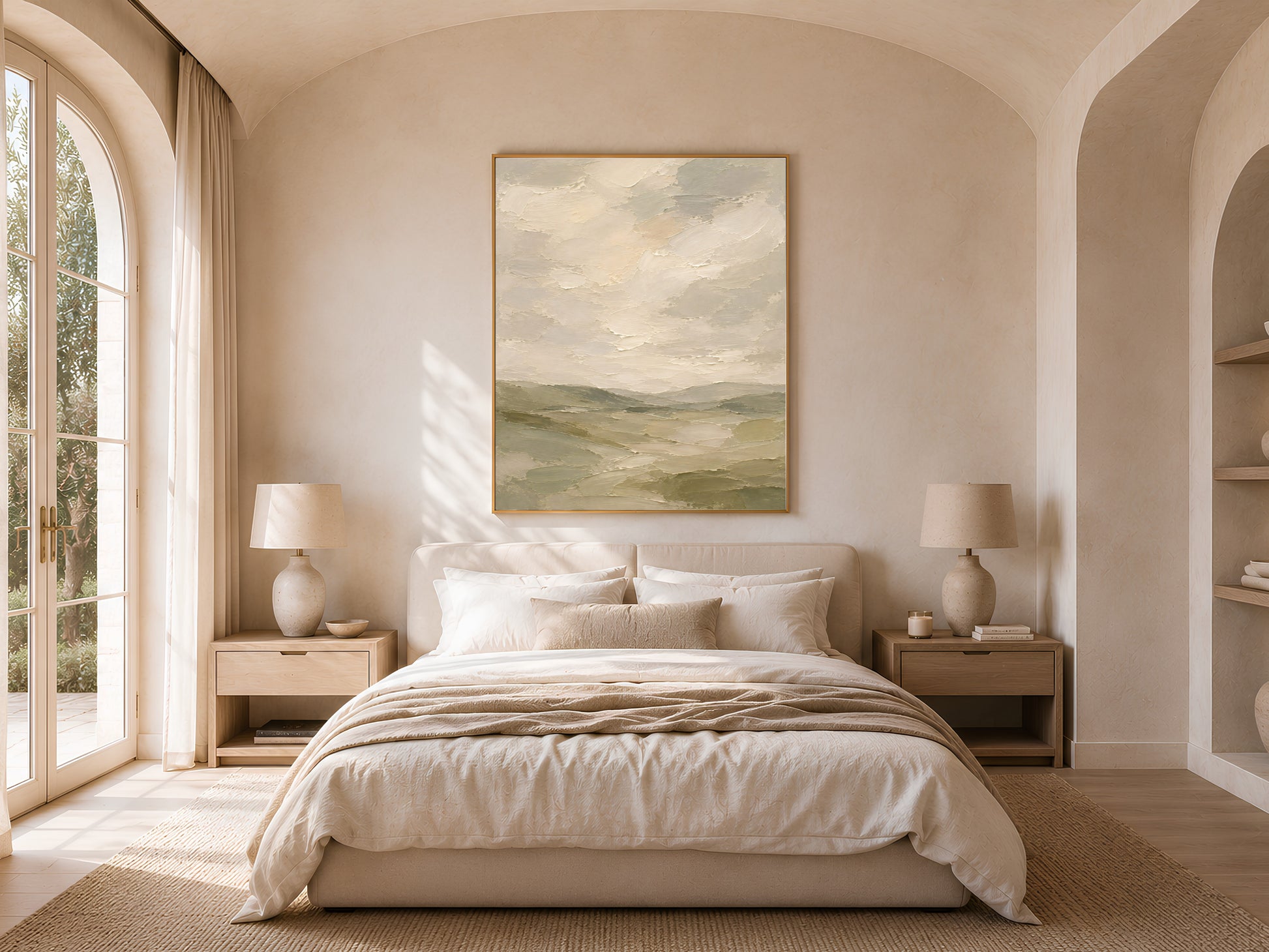 Sage green cloudy sky landscape wall art print framed above a bed in a light-filled arched bedroom