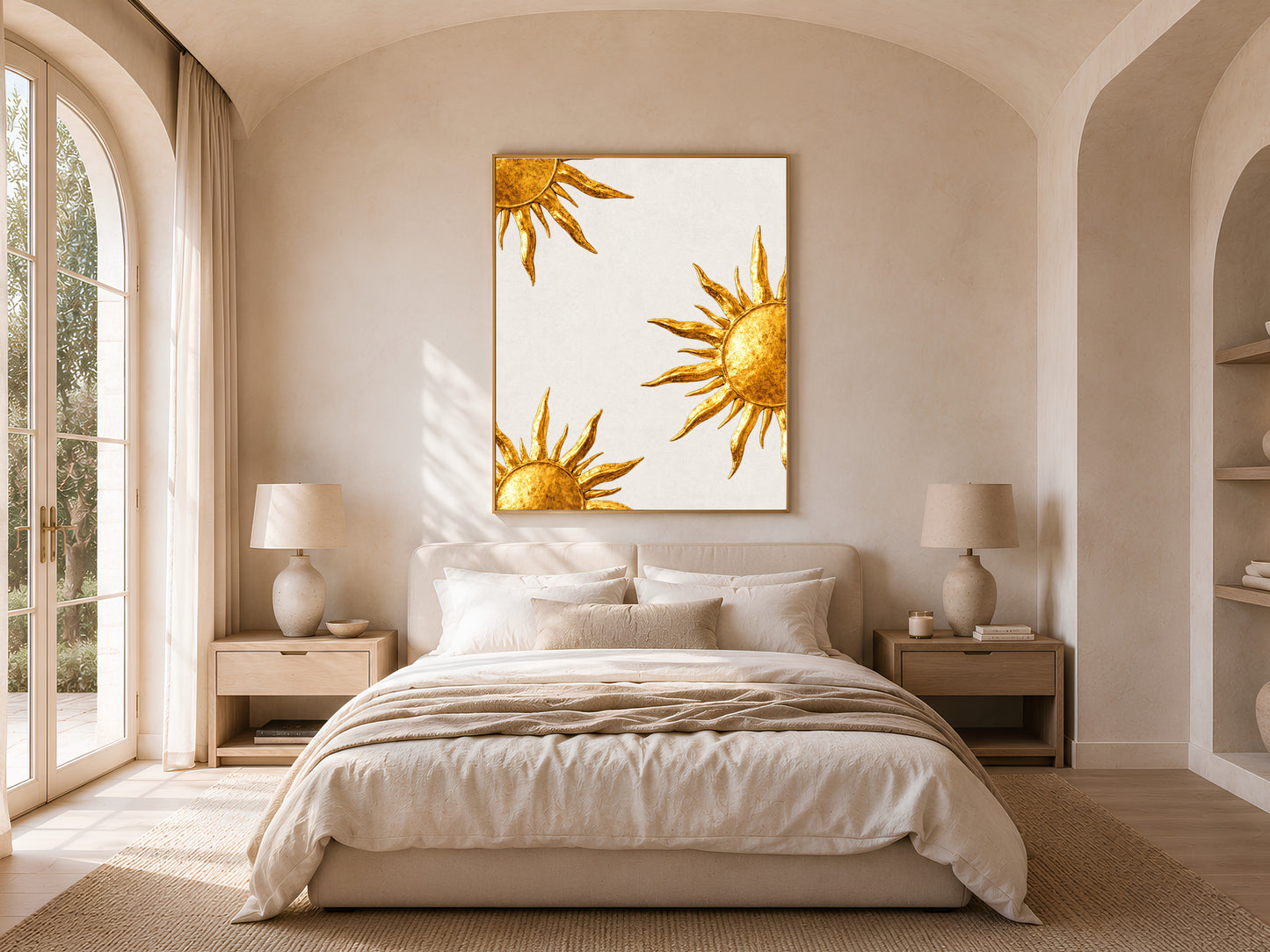 Gold sunburst wall art framed above a bed in a warm neutral bedroom with arched window