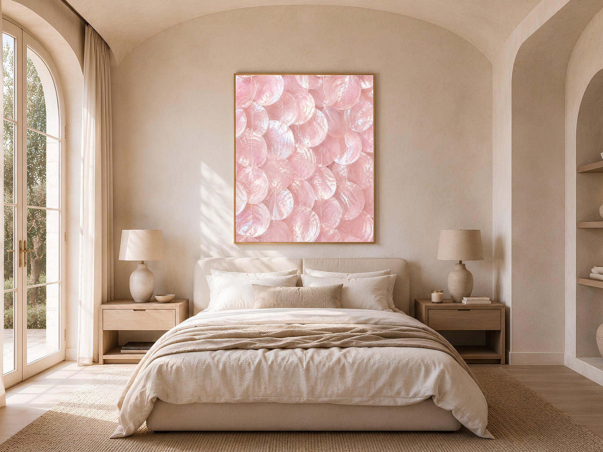Framed pink capiz shell art print hanging above a bed in a neutral, arched-window bedroom.

