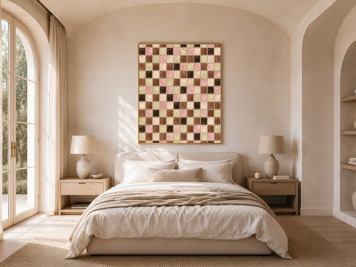 Chocolate sage mosaic wall art framed above a bed in a bright arched-window bedroom