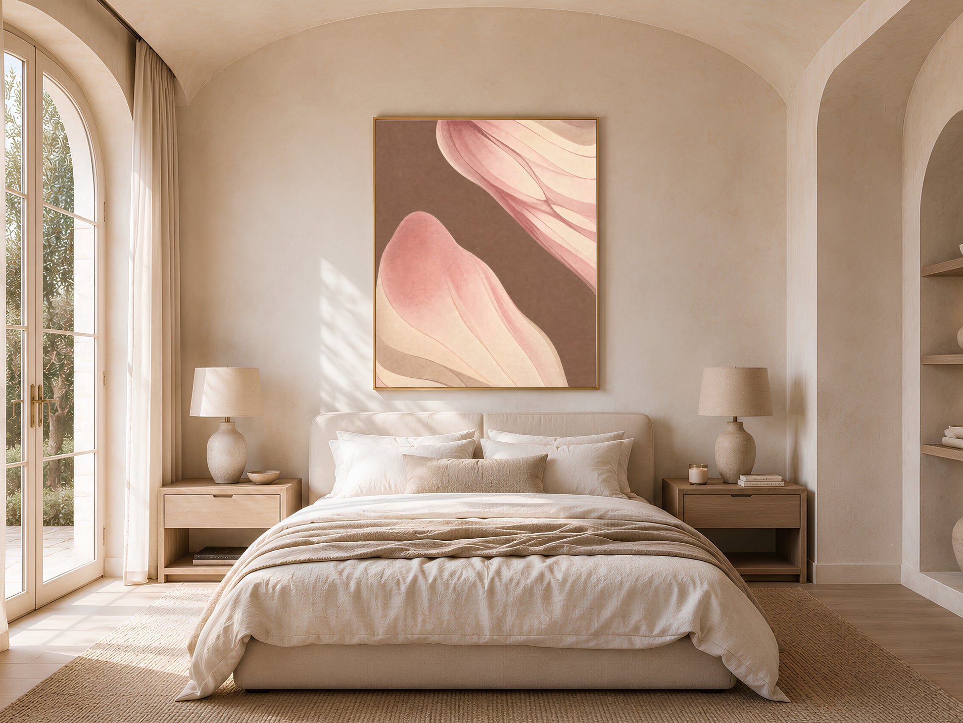 Mocha and dusty rose ribbon wall art framed above a bed in a sunlit arched bedroom
