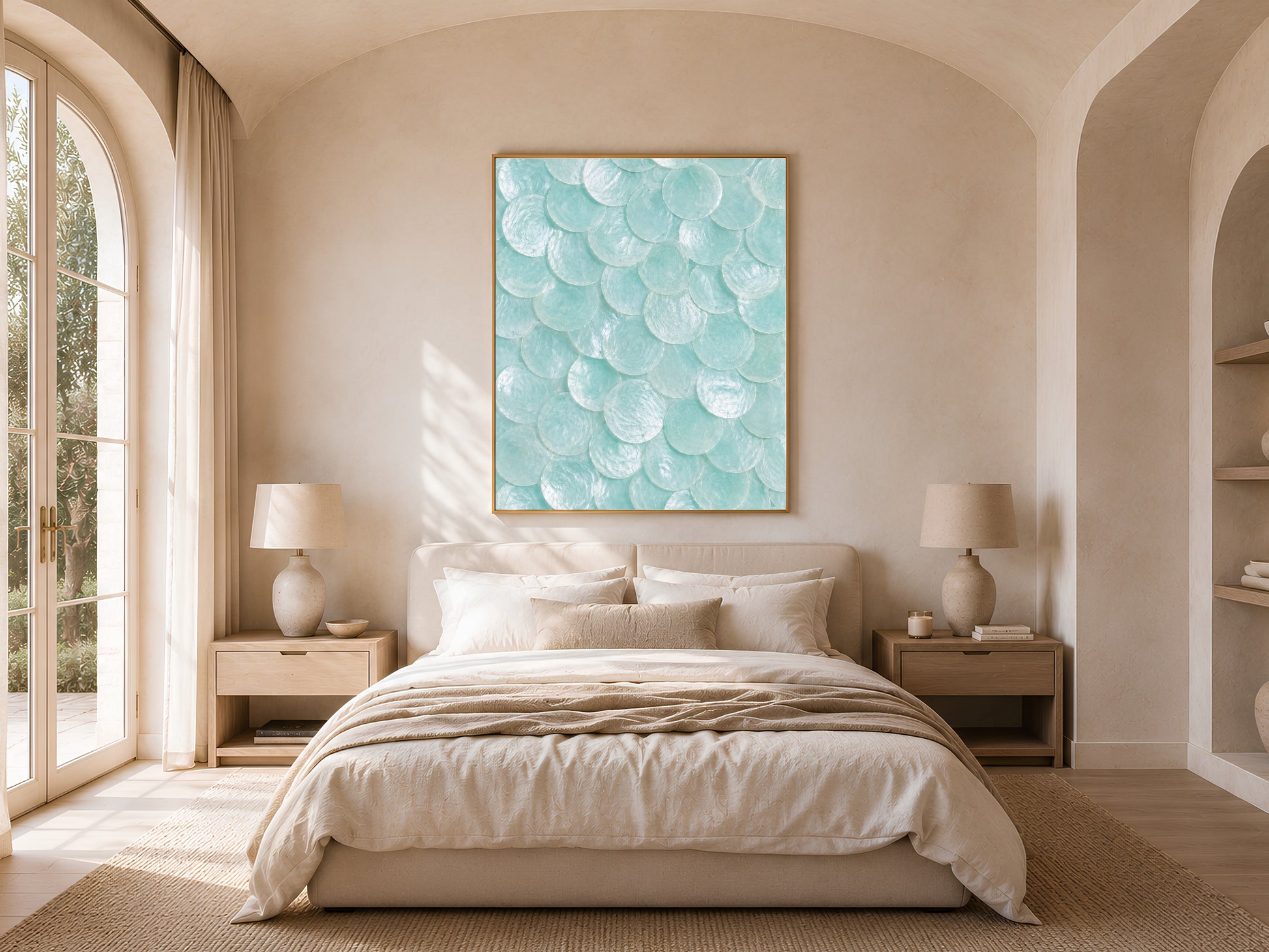 Seafoam capiz shell print in a gold frame hung above a bed in a bright, arched bedroom.
